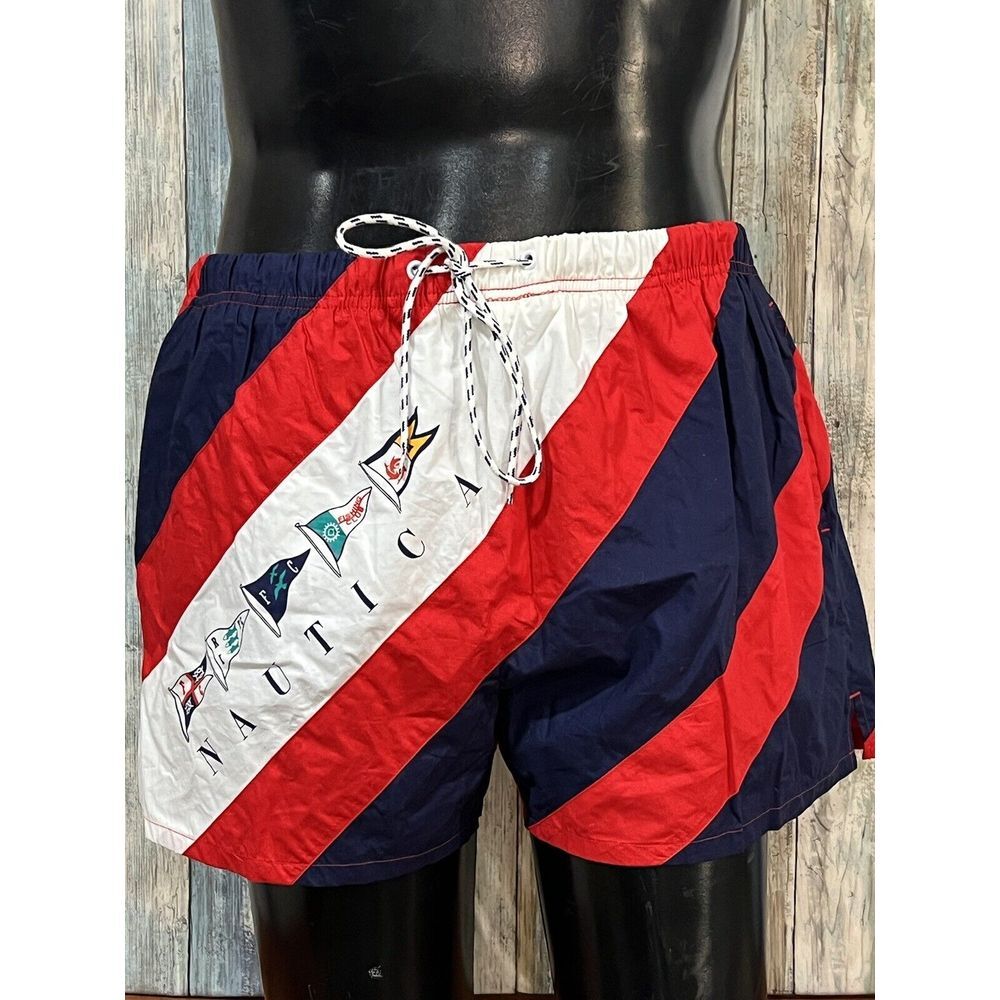 VTG NAUTICA Fishing Flags Swimming Trunks Shorts‎ 90s Striped RWB XL NWT H7